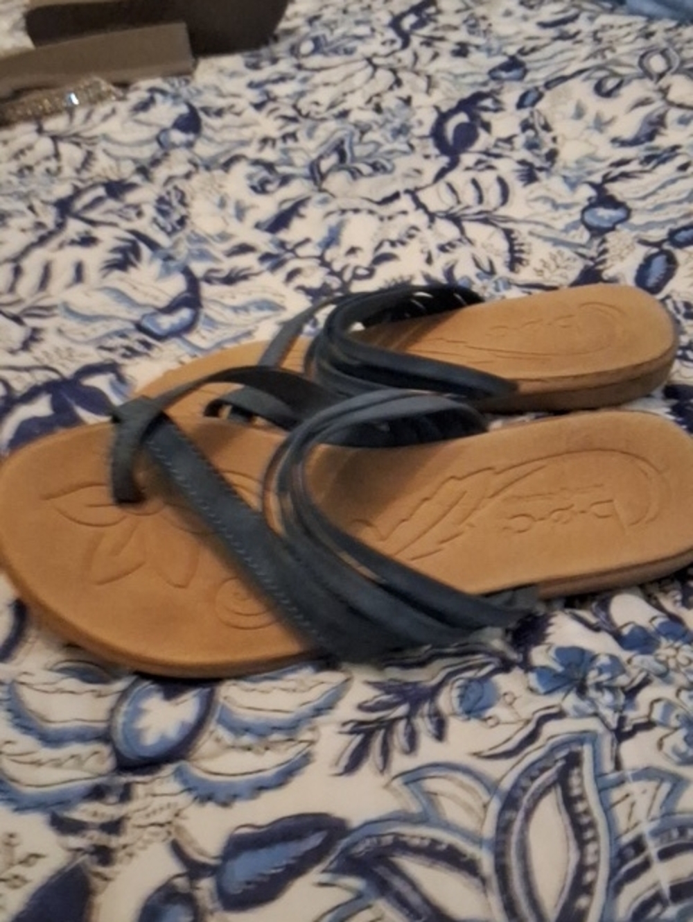 Women's Blue Strappy Slide Sandals with Tan Footbed